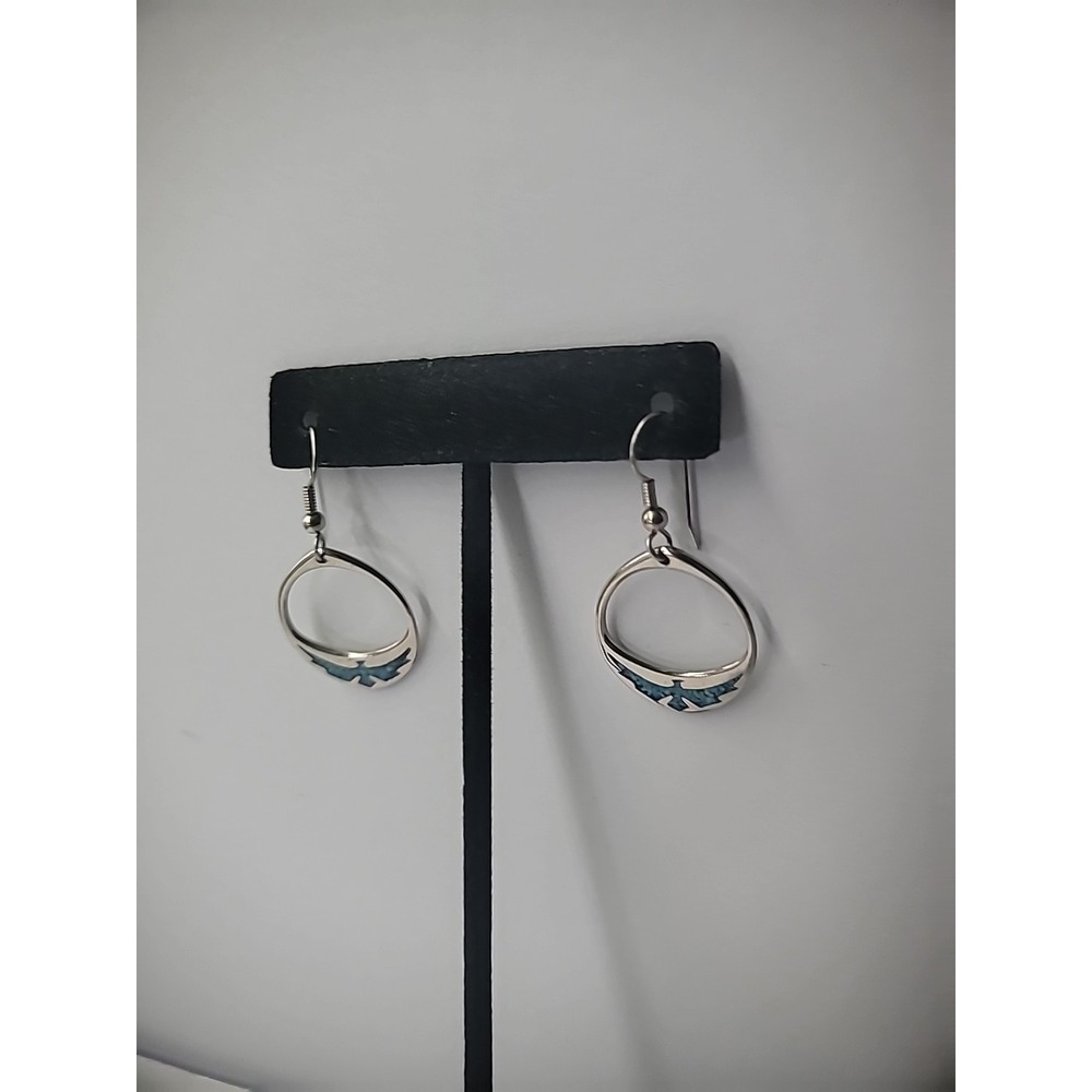 Vintage Earrings Hoop Drop Dangle Blue Sone Inlay Jewelry Costume